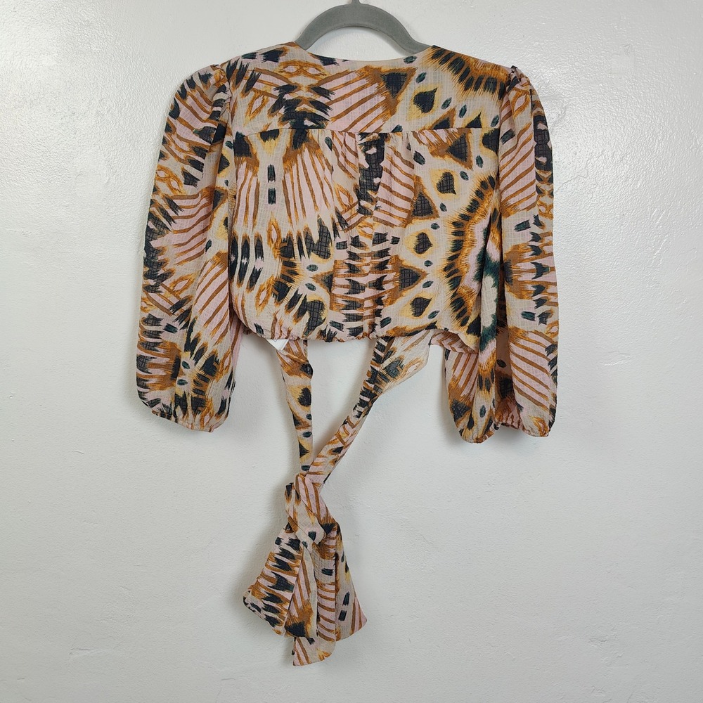 ba&sh Cally Cropped Wrap Top Womens 1 Pink Abstract Ikat Wrap Front Tie Boho - Picture 5 of 9